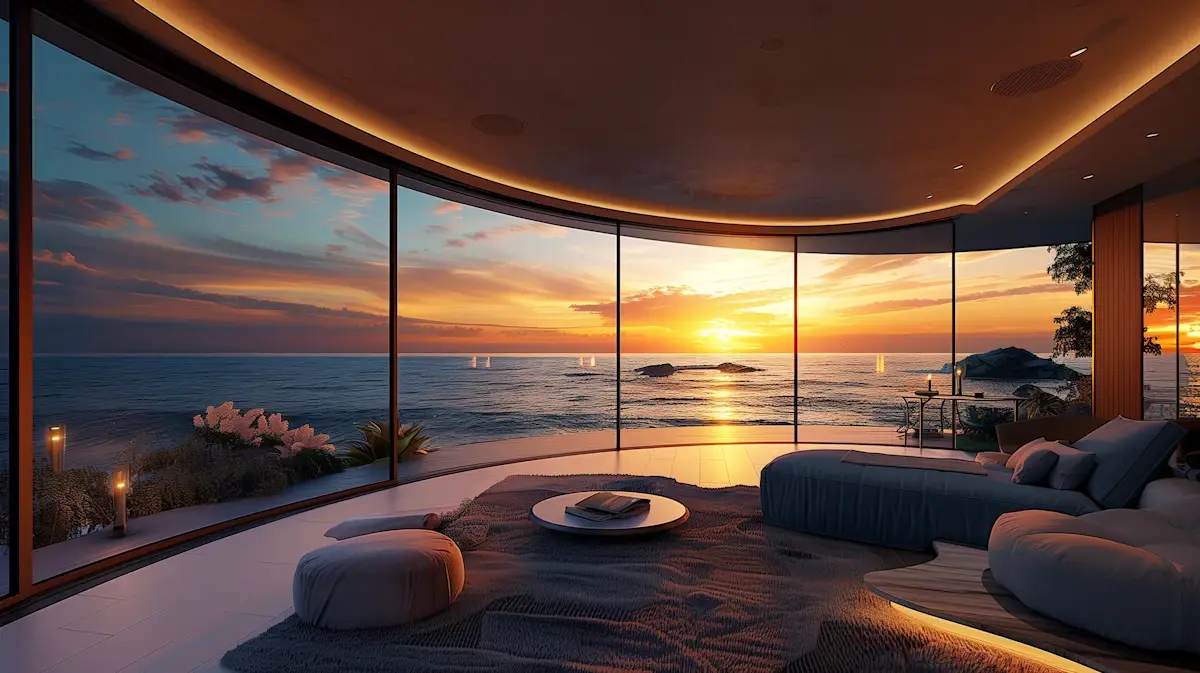 A view of a swimming pool from inside a house
