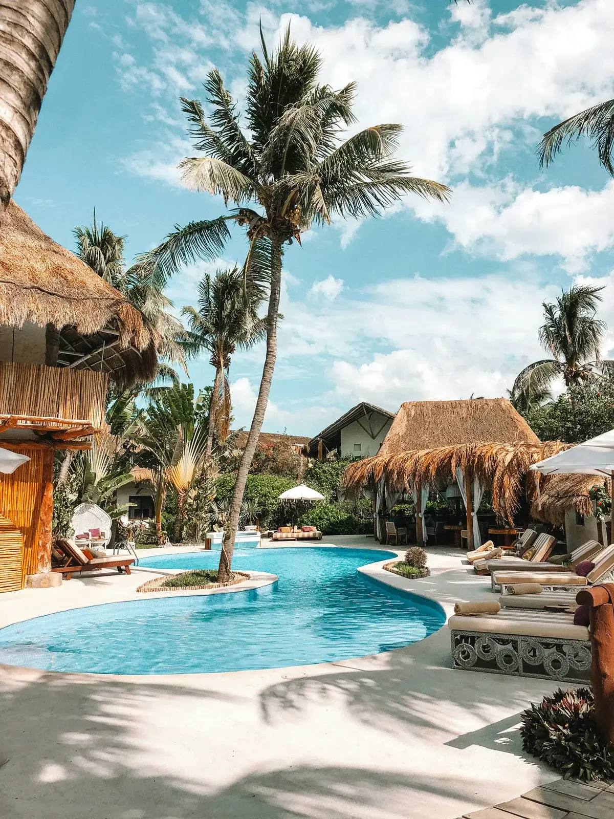 thatch huts and houses by the pool during day